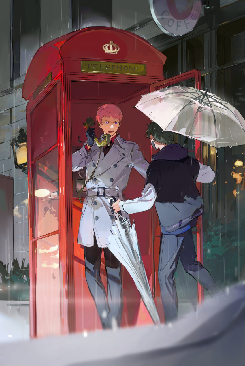 2boys black_pants building buttons coat collared_shirt double-breasted ensemble_stars! furukawa_zhi green_hair grey_coat highres holding holding_phone holding_umbrella hood hoodie itsuki_shu kagehira_mika mask mouth_mask multiple_boys necktie open_mouth outdoors pants payphone phone phone_booth pink_hair rain red_shirt shirt short_hair standing storefront talking_on_phone umbrella