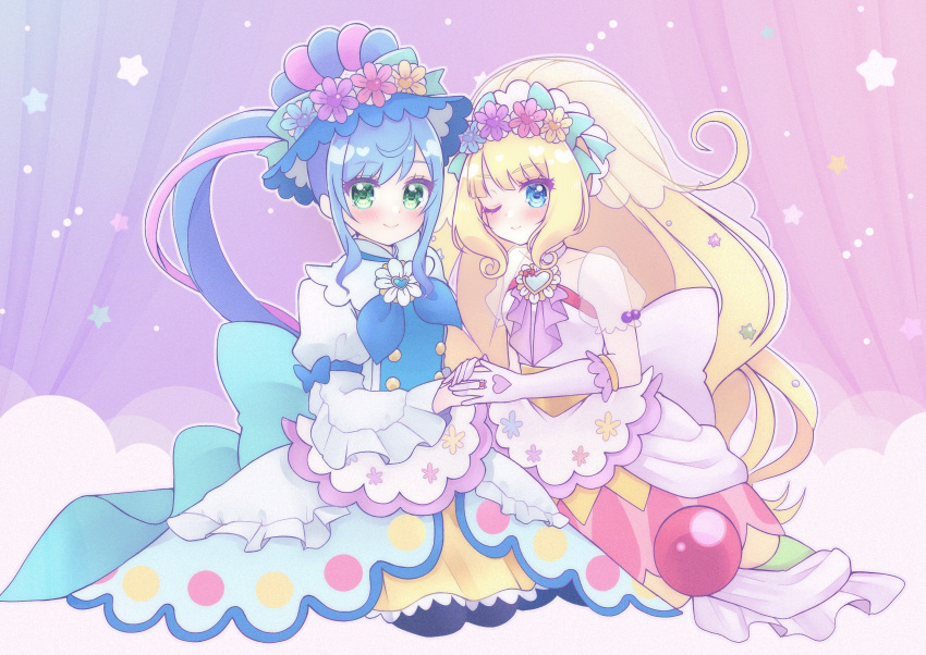 2girls absurdres black_pantyhose blonde_hair blue_bow blue_eyes blue_hair blush bow brooch closed_mouth cure_finale cure_finale_(party_up_style) cure_spicy cure_spicy_(party_up_style) delicious_party_precure flower fuwa_kokone gloves green_eyes hair_flower hair_ornament hair_rings heart_brooch highres holding_hands jewelry kasai_amane kneeling layered_skirt long_hair magical_girl multicolored_hair multiple_girls one_eye_closed pantyhose pink_hair precure purple_background ring skirt smile starry_background two-tone_hair umiyuki_(umi_chu) veil white_gloves yellow_skirt
