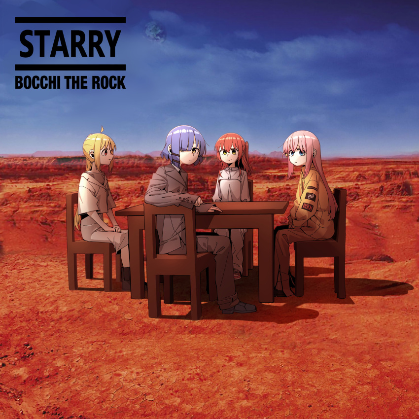 4girls absurdres ahoge album_cover album_cover_redraw asymmetrical_sidelocks bangs between_legs blonde_hair blue_eyes blue_hair blue_sky blunt_ends bocchi_the_rock! boots chair clouds collared_shirt cover crossed_bangs derivative_work desert dress dress_shoes earth_(planet) formal gotou_hitori grey_suit hair_over_one_eye hand_between_legs highres ijichi_nijika jumpsuit kita_ikuyo long_hair looking_ahead looking_at_another looking_at_viewer looking_back medium_hair mole mole_under_eye multiple_girls muse_(band) neonfloyd off-shoulder_dress off_shoulder on_chair one_side_up orange_jumpsuit outdoors own_hands_together pants pink_hair planet red_eyes redhead shirt shoes short_hair side_ponytail sitting sky sleeves_past_wrists sneakers suit table white_dress white_pants yamada_ryou yellow_eyes