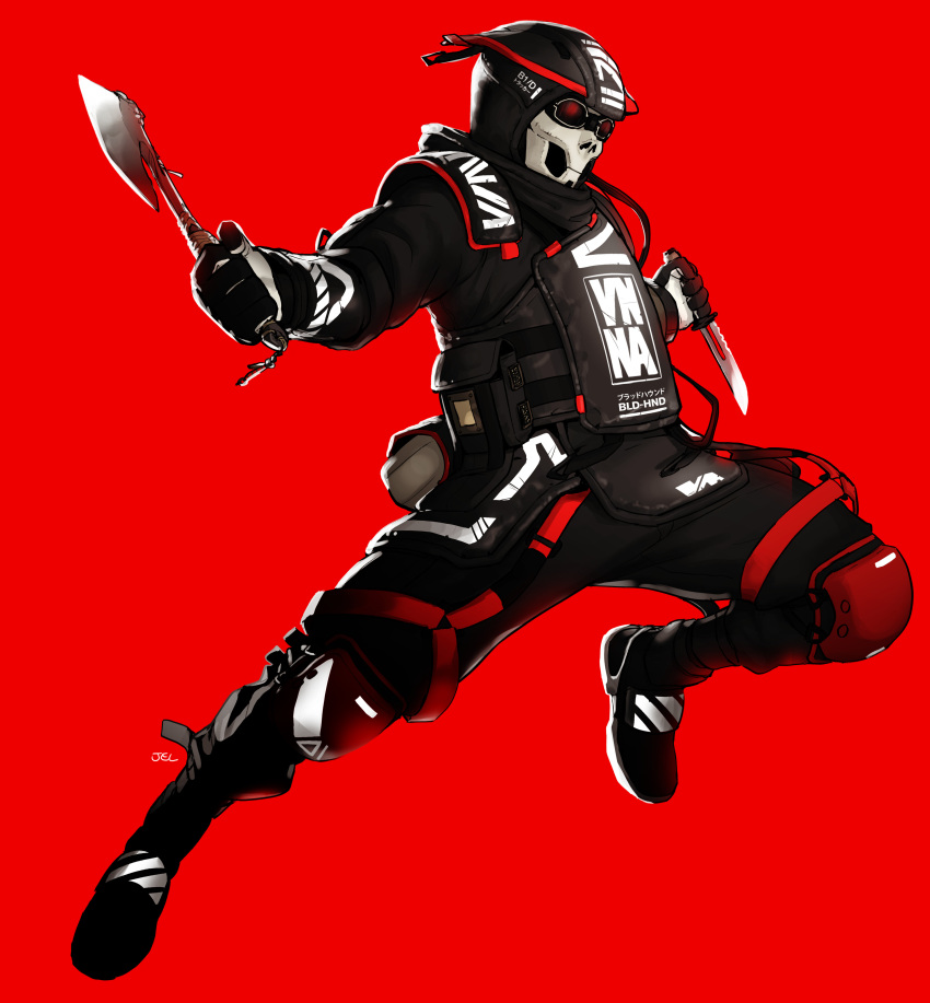1other absurdres airborne ambiguous_gender apex_legends axe black_footwear black_jacket black_pants bloodhound_(apex_legends) english_commentary full_body goggles helmet highres holding holding_axe holding_knife jacket jelart knee_pads knife mask pants raven's_bite red_background road_warrior_bloodhound shoes sneakers solo