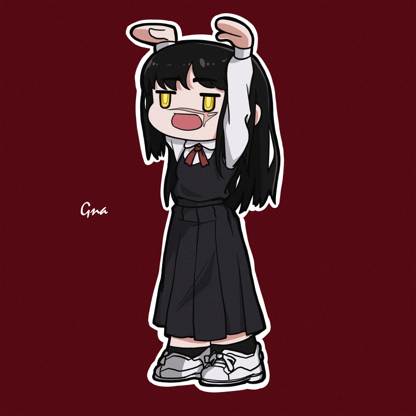 1girl absurdres arms_up black_dress black_hair black_socks chainsaw_man collared_shirt dress gna_(mtac8272) highres long_hair looking_to_the_side meme open_mouth pinafore_dress red_background sakana~_(meme) scar scar_on_face shirt simple_background socks solo white_footwear white_shirt yellow_eyes yoru_(chainsaw_man)