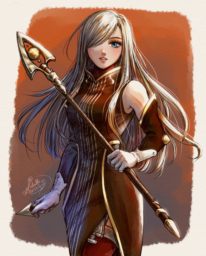 1girl absurdres bangs bare_shoulders blue_eyes breasts brown_dress brown_hair dagger detached_sleeves dress eyelashes garter_straps gloves hair_over_one_eye highres holding holding_dagger holding_weapon knife large_breasts lips long_hair looking_at_viewer michelle_kristolia sleeveless sleeveless_dress solo staff tales_of_(series) tales_of_the_abyss tear_grants thigh-highs weapon white_gloves