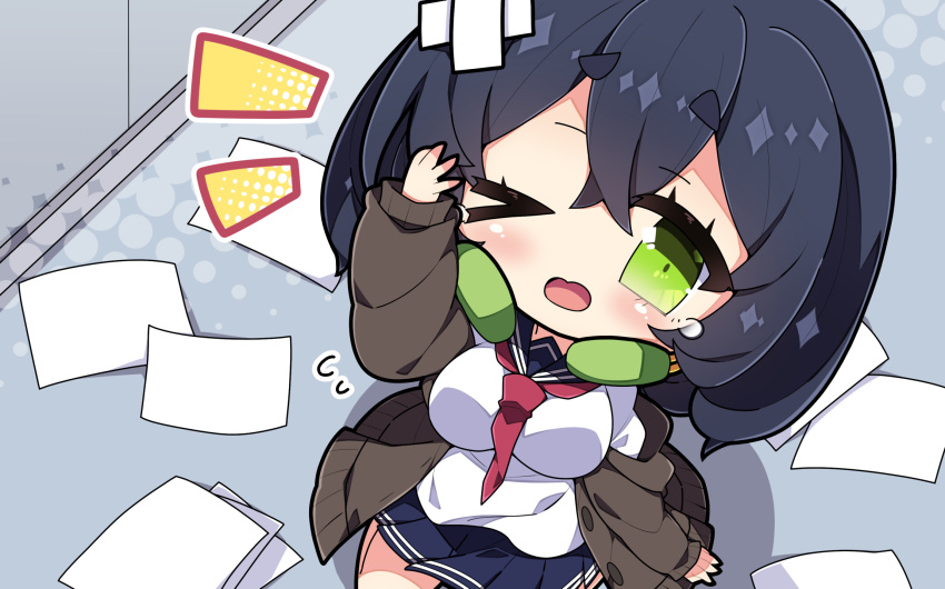 &gt;_o 1girl bangs black_hair black_sailor_collar black_skirt breasts brown_cardigan cardigan chibi commentary_request crossed_bandaids flying_sweatdrops green_eyes hair_between_eyes highres indoors kyoumachi_seika large_breasts long_sleeves milkpanda notice_lines off_shoulder on_floor one_eye_closed open_cardigan open_clothes open_mouth paper pleated_skirt puffy_long_sleeves puffy_sleeves sailor_collar shirt short_eyebrows sitting skirt sleeves_past_wrists solo thick_eyebrows voiceroid white_shirt