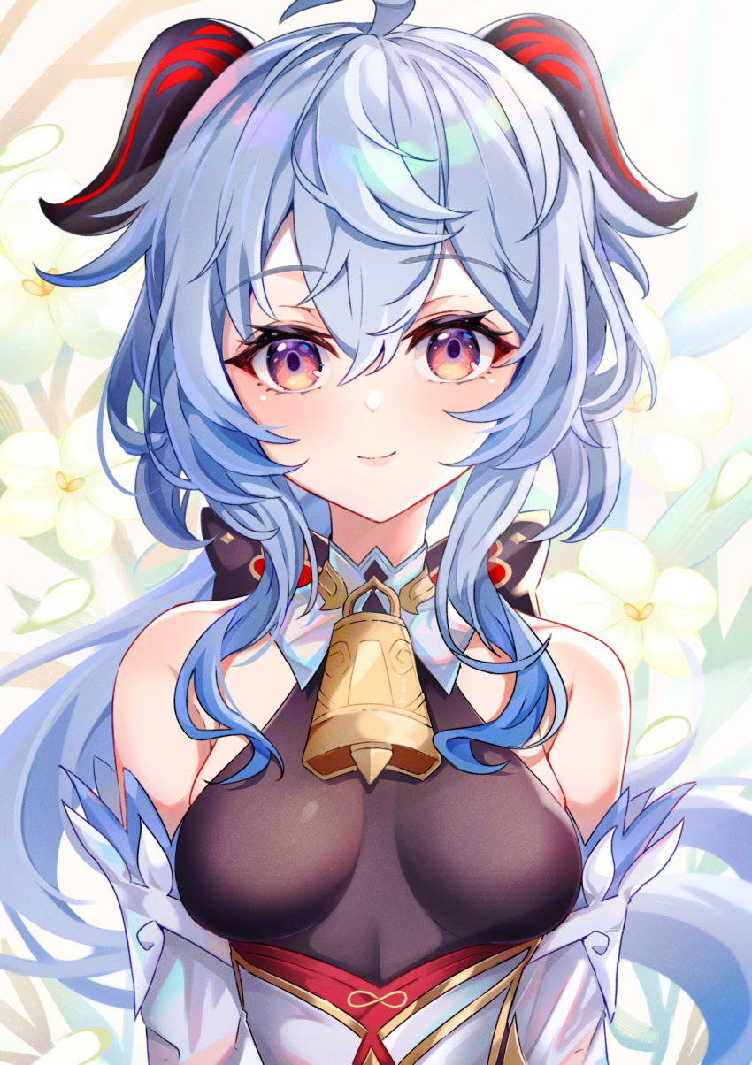 1girl ahoge bangs bare_shoulders bell blue_hair blush breasts detached_sleeves floral_background flower ganyu_(genshin_impact) genshin_impact highres horns long_hair looking_at_viewer medium_breasts neck_bell pupy_exe qingxin_flower sideboob sidelocks skindentation smile solo upper_body violet_eyes white_flower white_sleeves