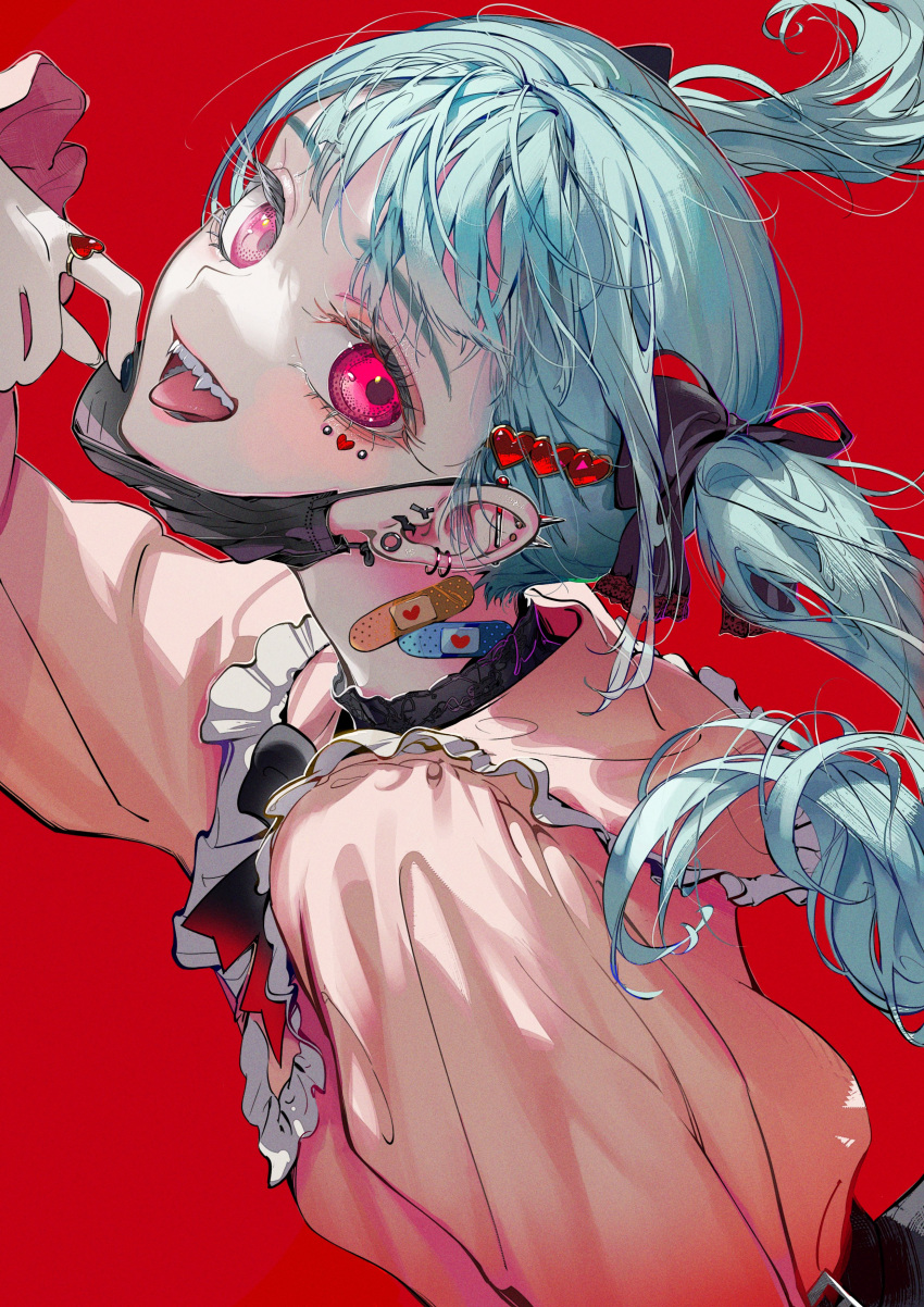 1girl absurdres aqua_hair bandaid bandaid_on_neck bangs black_bow black_bowtie black_nails bow bowtie breasts earrings fangs frilled_shirt_collar frills hatsune_miku highres jewelry leaning_forward looking_at_viewer mask mouth_mask multiple_earrings nail_polish pink_eyes red_background removing_mask ring roitz_(_roitz_) shirt solo tongue tongue_out twintails upper_body vampire vocaloid white_shirt