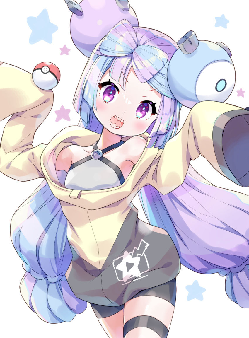 amimi bow-shaped_hair character_hair_ornament grey_pantyhose hair_ornament hexagon_print highres iono_(pokemon) jacket long_hair low-tied_long_hair multicolored_hair oversized_clothes pantyhose pokemon pokemon_(game) pokemon_sv sharp_teeth single_leg_pantyhose sleeves_past_fingers sleeves_past_wrists split-color_hair symbol_in_eye teeth twintails very_long_sleeves x yellow_jacket