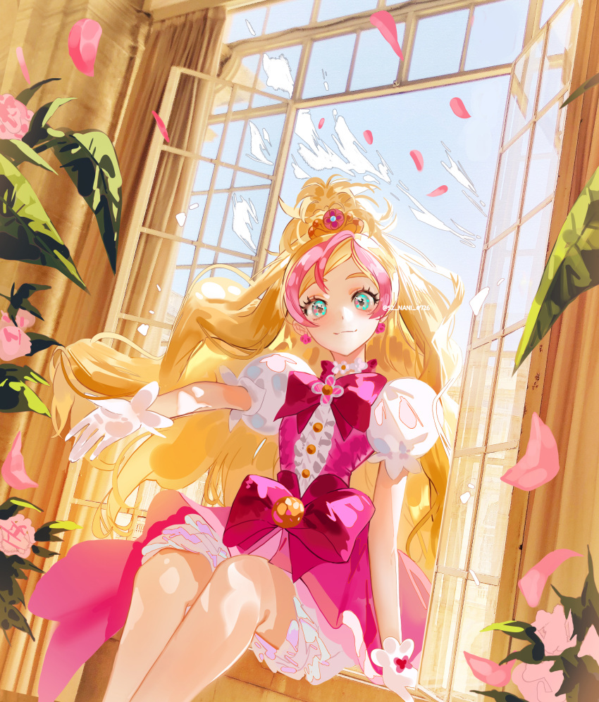 1girl absurdres aqua_eyes blonde_hair bow choker commentary cure_flora earrings flower_choker flower_earrings gloves go!_princess_precure haruno_haruka high_ponytail highres jewelry magical_girl multicolored_hair nani_(s2_nani) open_window petals pink_bow pink_hair precure puffy_short_sleeves puffy_sleeves short_sleeves sitting smile solo two-tone_hair white_gloves window