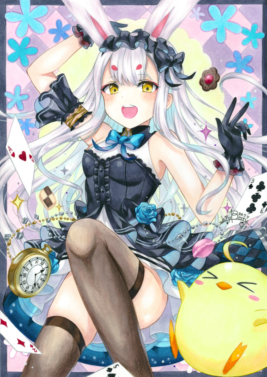 &gt;_&lt; 1girl absurdres ace_of_hearts animal_ears azur_lane black_dress black_gloves black_thighhighs blue_bow blue_flower blue_rose bow breasts card center_frills dress dress_flower flower food frilled_dress frilled_gloves frills gloves hairband heart highres layered_dress lolita_hairband long_hair looking_at_viewer macaron manjuu_(azur_lane) official_alternate_costume open_mouth playing_card pocket_watch rabbit_ears rabbit_girl rose shimakaze_(azur_lane) shimakaze_(the_white_rabbit_of_wonderland)_(azur_lane) sleeveless sleeveless_dress small_breasts solo thigh-highs traditional_media two-tone_dress very_long_hair watch whipberry white_dress white_hair yellow_eyes