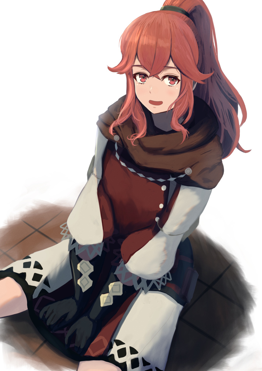 1girl anna_(fire_emblem) bangs between_legs black_gloves brown_scarf brown_tabard crossed_bangs dress fire_emblem fire_emblem_engage gloves hair_between_eyes hand_between_legs highres labebebe_lee long_hair open_mouth ponytail puffy_sleeves red_eyes redhead scarf sitting smile solo tabard tile_floor tiles v_arms white_dress