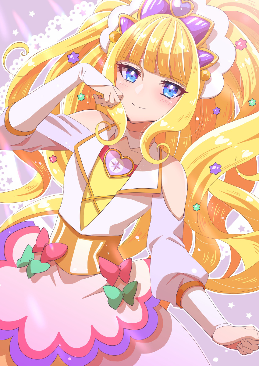 0307_hikari 1girl absurdres apron bangs blonde_hair blue_eyes blunt_bangs blush bow brooch clothing_cutout cure_finale delicious_party_precure dress flower green_bow hair_flower hair_ornament heart_brooch high_ponytail highres jewelry kasai_amane long_hair magical_girl pink_bow precure shoulder_cutout sidelocks smile solo wavy_hair