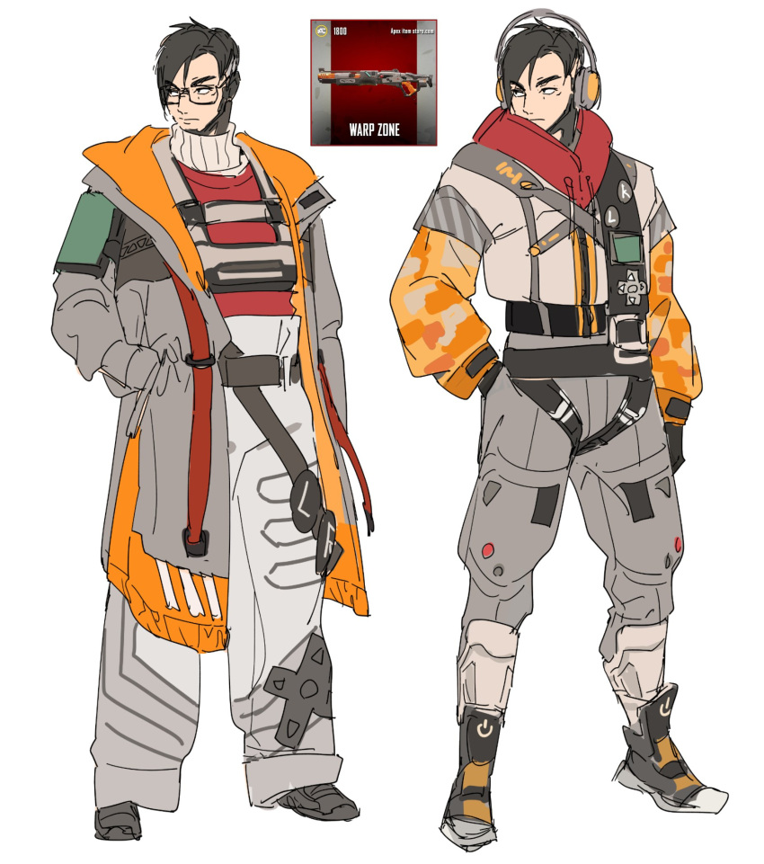 1boy alternate_costume apex_legends belt black_belt black_footwear black_hair crypto_(apex_legends) energy_gun full_body glasses grey_jacket grey_pants gun hand_in_pocket headphones highres jacket m1904_mastiff male_focus pants reference_inset shoes shotgun simple_background sketch sneakers thundergotch v-shaped_eyebrows variations weapon white_background