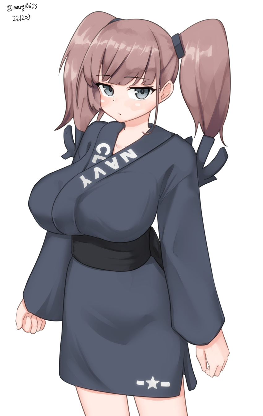1girl absurdres alternate_costume atlanta_(kancolle) breasts brown_hair clothes_writing cowboy_shot grey_eyes grey_kimono grey_robe highres japanese_clothes kantai_collection kimono large_breasts long_hair maru_(marg0613) one-hour_drawing_challenge robe simple_background solo twintails white_background