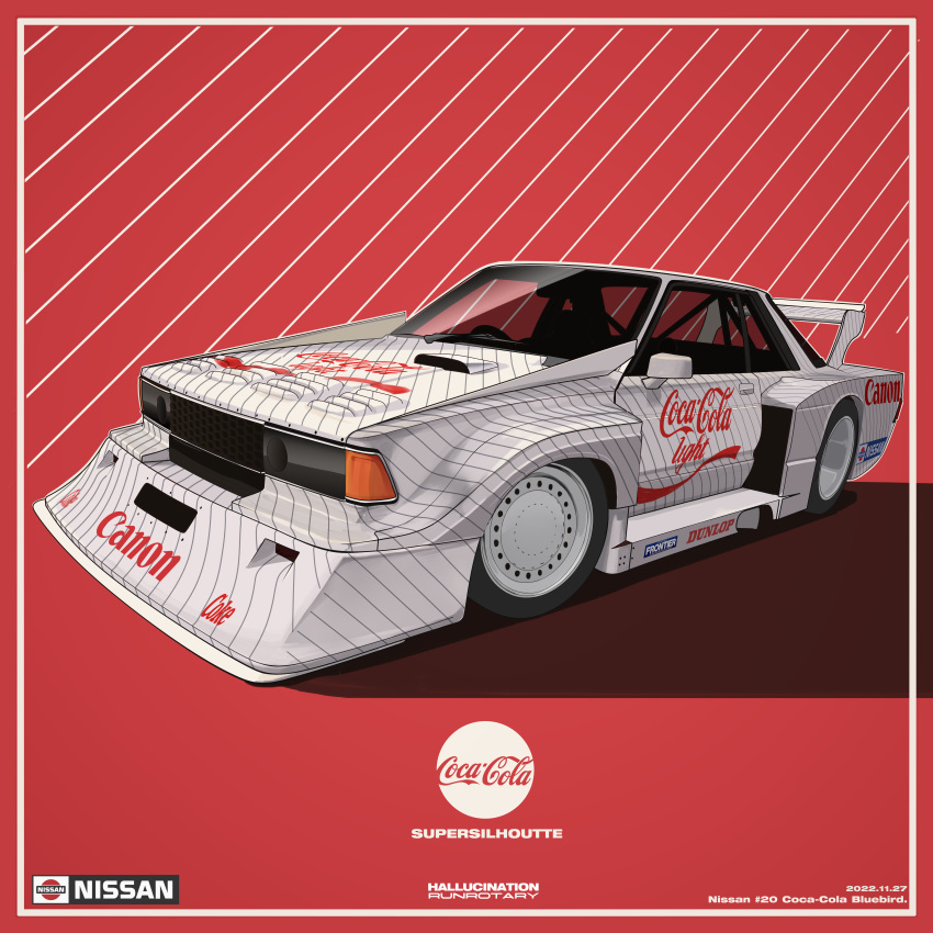 absurdres canon_(company) car coca-cola ground_vehicle highres motor_vehicle nissan nissan_bluebird no_humans original product_placement race_vehicle racecar run_rotary sports_car vehicle_focus