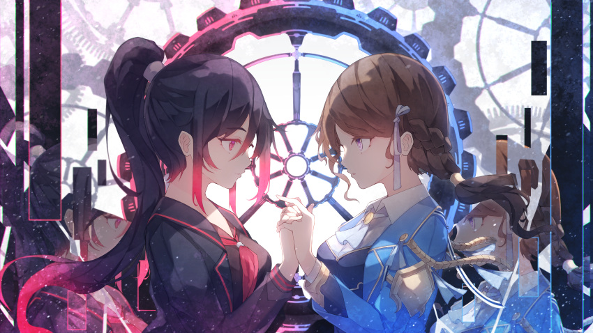 2girls absurdres blakc_hair braid brown_hair chiroru_(cheese-roll) collarbone french_braid from_side gears highres holding_hands light_particles long_hair long_sleeves looking_at_another multiple_girls original ponytail red_eyes upper_body yuri