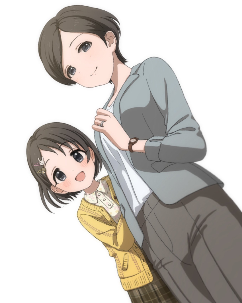 2girls bangs black_eyes black_hair blush breasts brown_pants brown_skirt buttons checkered_clothes checkered_skirt commentary dot_nose dutch_angle female_child floral_print grey_jacket hair_ornament hairclip hand_up highres idolmaster idolmaster_cinderella_girls jacket jewelry long_sleeves looking_at_viewer medium_breasts megabee_e mother_and_daughter multiple_girls open_mouth pants print_shirt rabbit_hair_ornament ring sasaki_chie sasaki_chie's_mother shirt short_hair skirt smile sweater watch watch wedding_ring white_background white_shirt wing_collar yellow_sweater