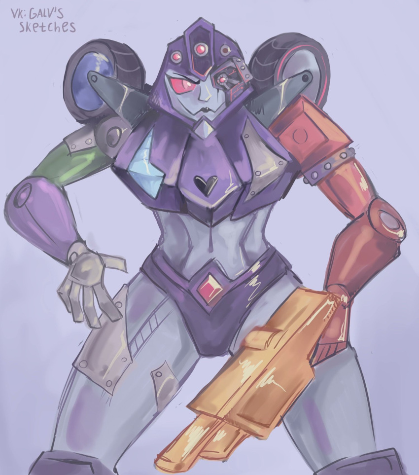 1girl alien black_lips breasts colored_skin galvgp grey_skin gun highres holding holding_gun holding_weapon humanoid_robot medium_breasts panties purple_background purple_panties red_eyes robot shadow_striker_(transformers) simple_background solo thick_thighs thighs transformers transformers_cyberverse underwear weapon