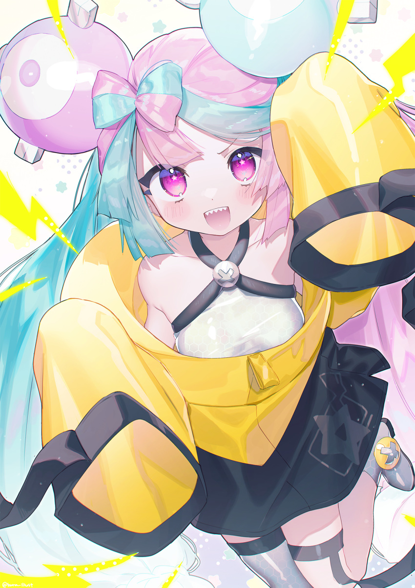 bow-shaped_hair character_hair_ornament funa_(sakana) grey_pantyhose hair_ornament hexagon_print highres iono_(pokemon) jacket long_hair low-tied_long_hair multicolored_hair oversized_clothes pantyhose pokemon pokemon_(game) pokemon_sv sharp_teeth single_leg_pantyhose sleeves_past_fingers sleeves_past_wrists split-color_hair star_(symbol) star_in_eye symbol_in_eye teeth twintails very_long_sleeves x yellow_jacket