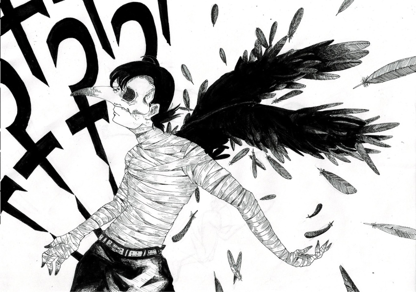 1boy bandaged_arm bandages bird black_hair black_pants black_wings choujin_x cowlick feathered_wings feathers greyscale highres hollow_eyes kurohara_tokio_(choujin_x) looking_to_the_side monochrome pants short_hair simple_background solo toufu_sikakatan vulture white_background wings