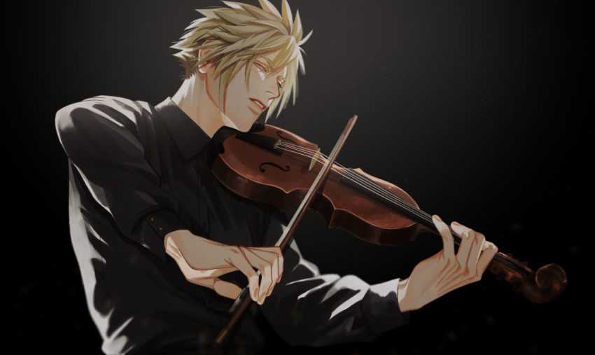 1boy alternate_costume black_background black_shirt blonde_hair boooshow closed_eyes cloud_strife collared_shirt final_fantasy final_fantasy_vii final_fantasy_vii_remake hair_between_eyes holding holding_instrument instrument long_sleeves male_focus music parted_lips playing_instrument shirt short_hair solo spiky_hair upper_body violin
