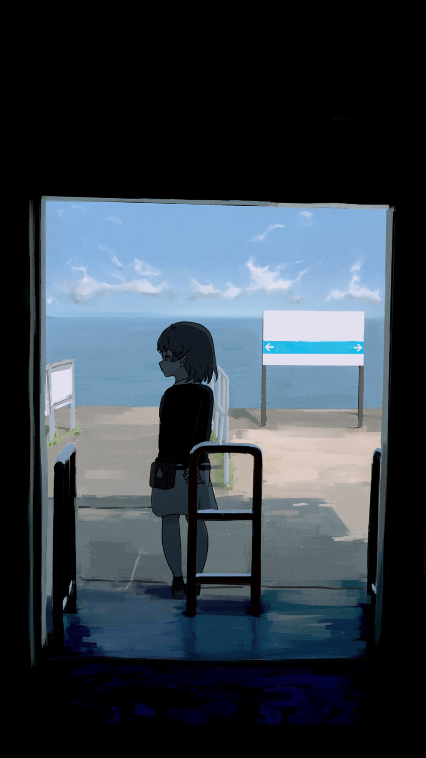 1girl arms_behind_back arrow_(symbol) bag beach black_jacket blue_sky brown_hair clouds commentary_request day from_behind hatoba_tsugu highres horizon jacket kuro_kosyou ocean outdoors profile railing sand shoulder_bag sign skirt sky solo tsugu_(vtuber) virtual_youtuber water white_skirt