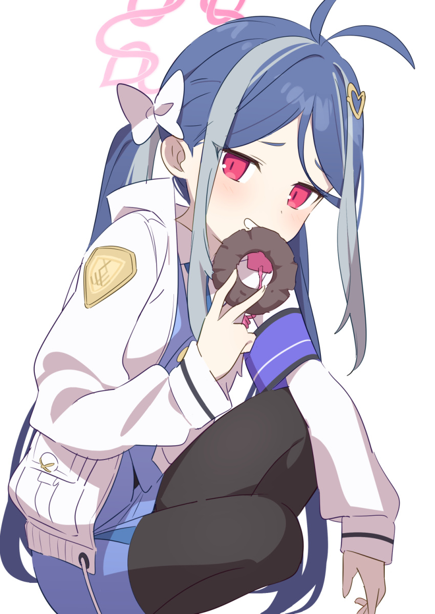 1girl antenna_hair black_pantyhose blue_archive blue_hair blue_necktie blue_skirt blue_vest bow doughnut food from_side fubuki_(blue_archive) grey_hair grin hair_bow hair_ornament heart heart_hair_ornament highres jacket jitome kneeling long_hair long_sleeves looking_at_viewer low_twintails miniskirt multicolored_hair necktie pantyhose red_eyes shirt simple_background skirt smile solo streaked_hair supershiruco twintails vest white_background white_bow white_jacket white_shirt