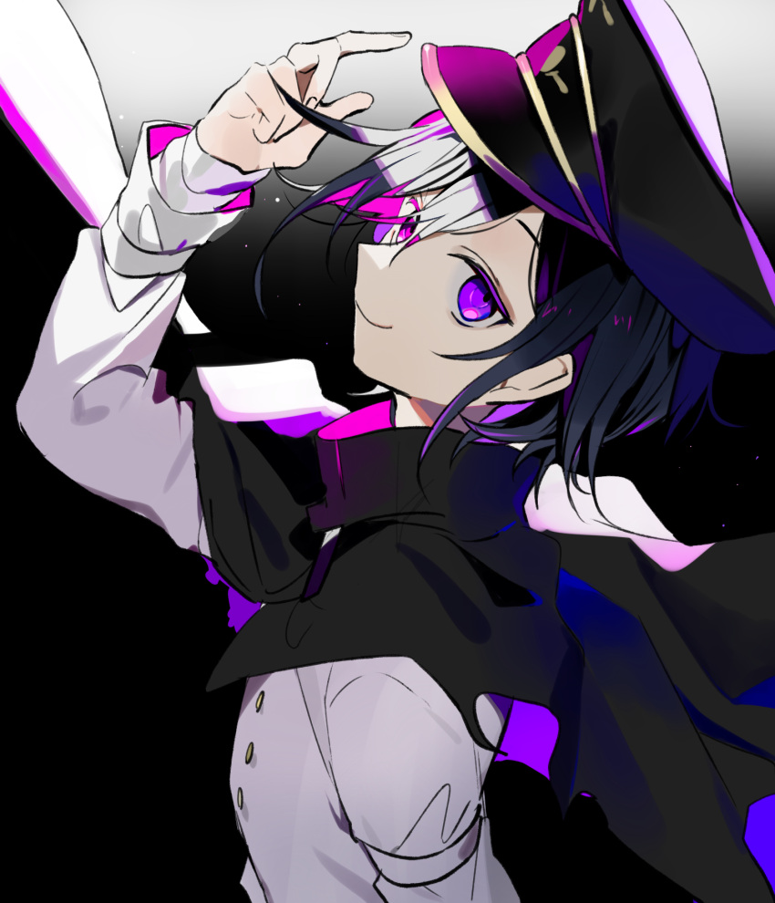 1boy arm_up bangs black_background black_cape black_hair black_headwear blue_hair buttons cape closed_mouth danganronpa_(series) danganronpa_v3:_killing_harmony from_side gradient gradient_background grey_background grey_jacket hat highres huyuharu0214 jacket looking_at_viewer multicolored_hair ouma_kokichi peaked_cap pink_hair smile solo torn_cape torn_clothes violet_eyes