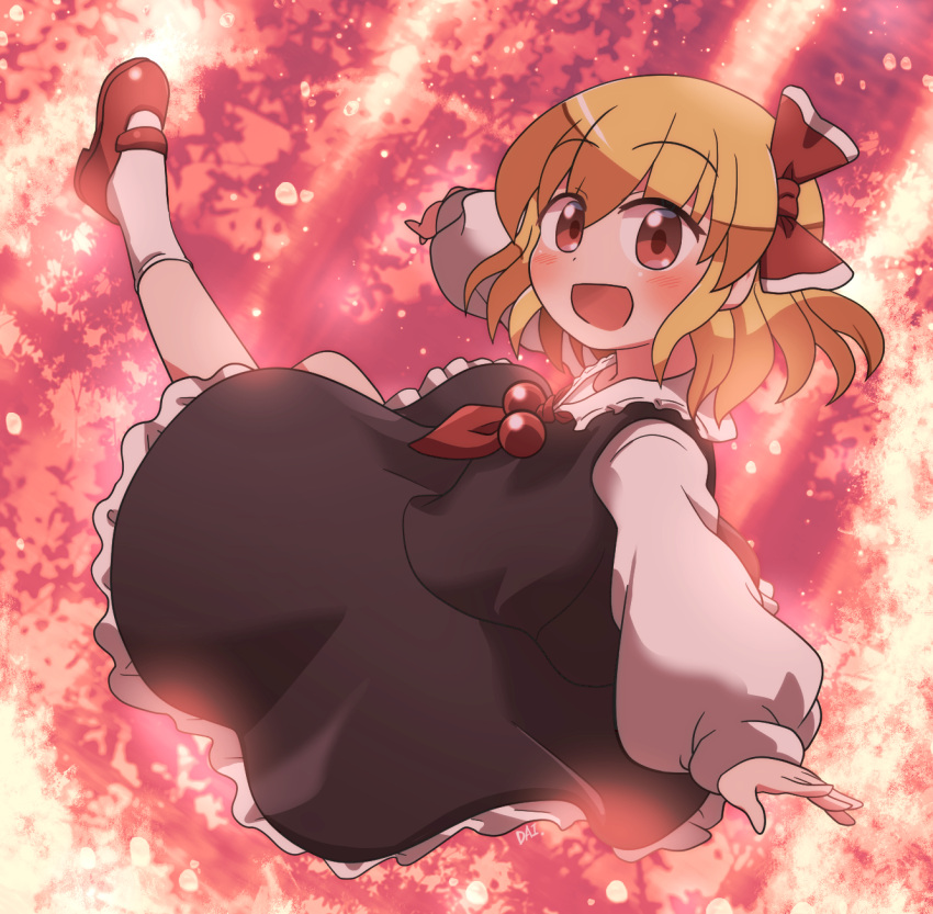 1girl :d artist_name ascot black_skirt black_vest blonde_hair collared_shirt floating frilled_skirt frills hair_ribbon highres long_sleeves looking_at_viewer mary_janes medium_hair necktie outstretched_arms red_ascot red_background red_eyes red_necktie red_ribbon ribbon rokugou_daisuke rumia shirt shoes skirt smile socks spread_arms touhou vest white_shirt