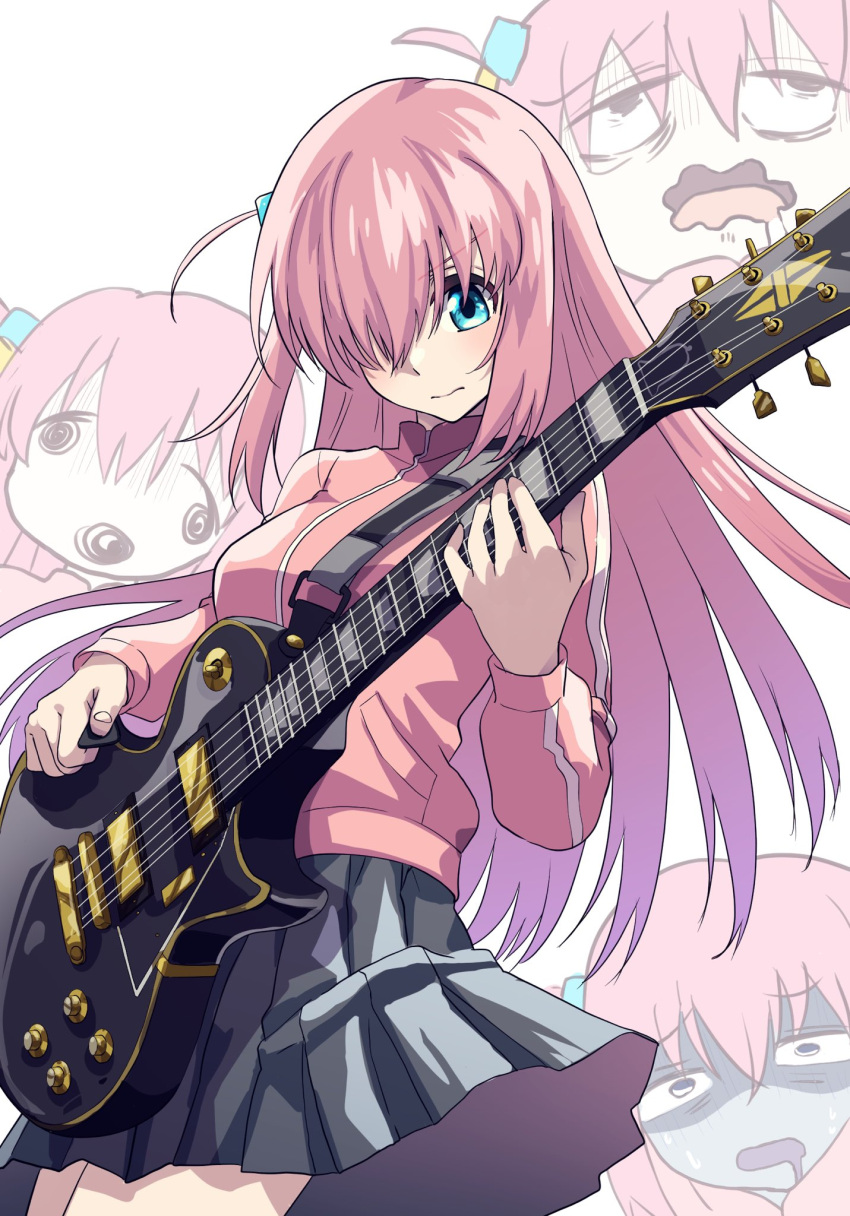 bangs black_skirt blue_eyes bocchi_the_rock! breasts commentary_request cowboy_shot cube_hair_ornament drooling electric_guitar gibson_les_paul gloom_(expression) gotou_hitori guitar hair_ornament hand_up highres holding holding_plectrum instrument jacket long_hair long_sleeves looking_at_viewer medium_breasts multiple_views music pink_hair pink_jacket playing_instrument pleated_skirt plectrum run_p_(aveton) serious side_ahoge sidelocks skirt sweat track_jacket wavy_mouth white_background