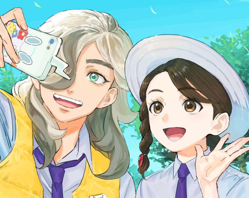 1boy 1girl :d arven_(pokemon) bangs braid brown_eyes brown_hair collared_shirt commentary_request eyelashes hand_up hat holding holding_phone juliana_(pokemon) long_hair necktie open_mouth outdoors phone pokemon pokemon_(game) pokemon_sv purple_necktie rotom rotom_phone selfie shirt sky smile umi_meteo vest yellow_vest