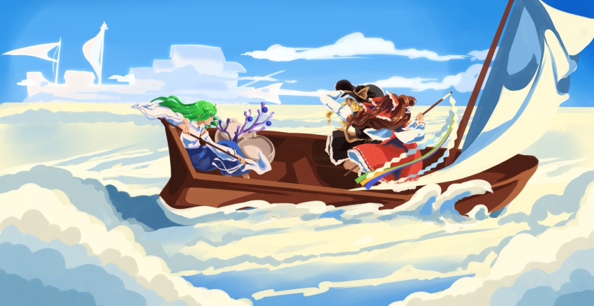 3girls black_headwear blonde_hair blue_skirt blue_sky bow clouds full_body gohei green_hair hair_bow hair_tubes hakurei_reimu highres japanese_clothes kirisame_marisa kochiya_sanae long_hair long_sleeves miko multiple_girls nettaraxy ocean outdoors red_bow red_shirt red_skirt ribbon-trimmed_skirt ribbon_trim shide ship shirt skirt sky standing touhou watercraft wide_sleeves