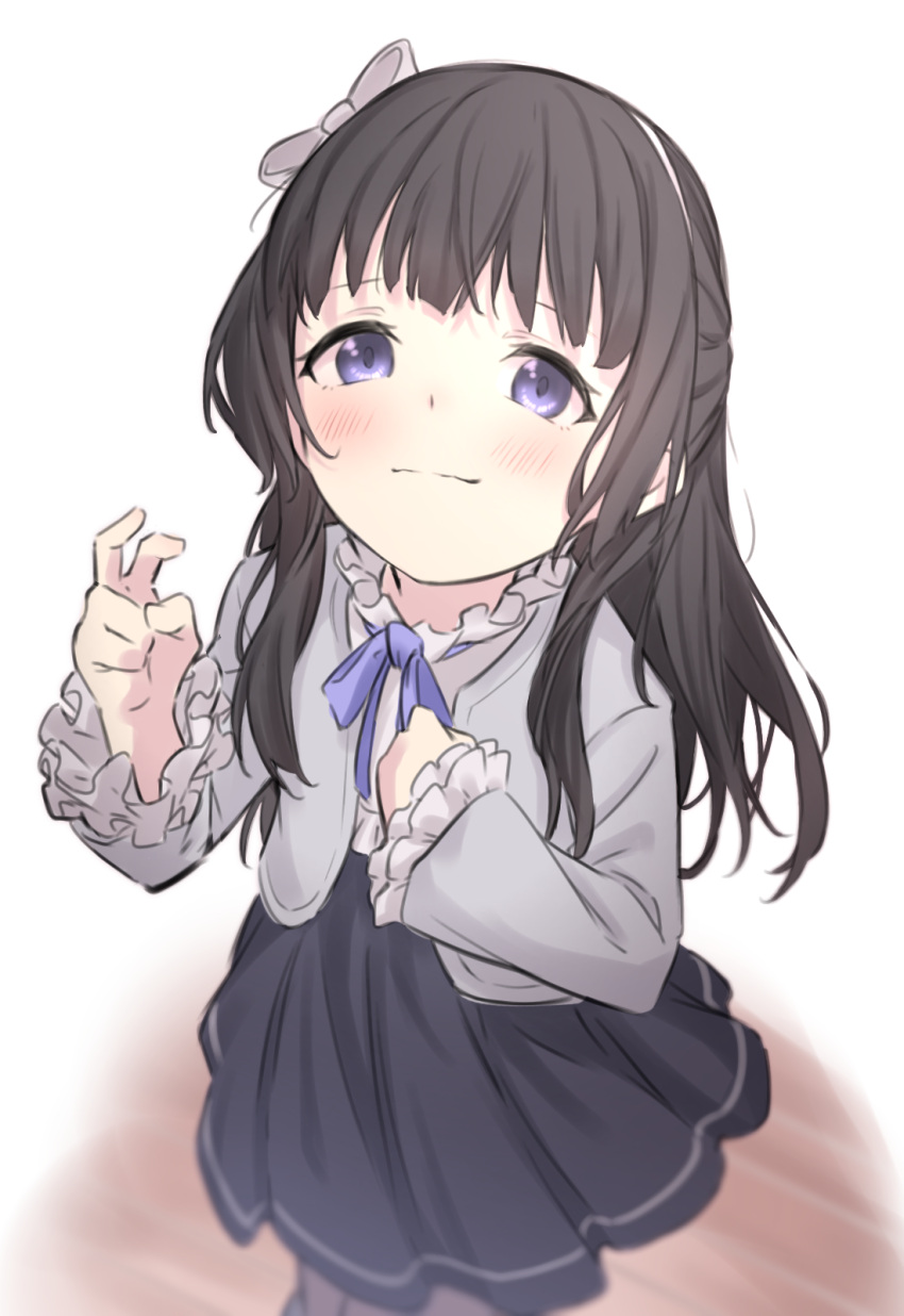 1girl aged_down bang_dream! black_hair blurry blush bow child depth_of_field frilled_shirt_collar frilled_sleeves frills from_above hair_bow hairband hand_up highres long_hair looking_at_viewer ribbon shirokane_rinko sketch skirt smile solo sou_(user_hgyh8775) violet_eyes