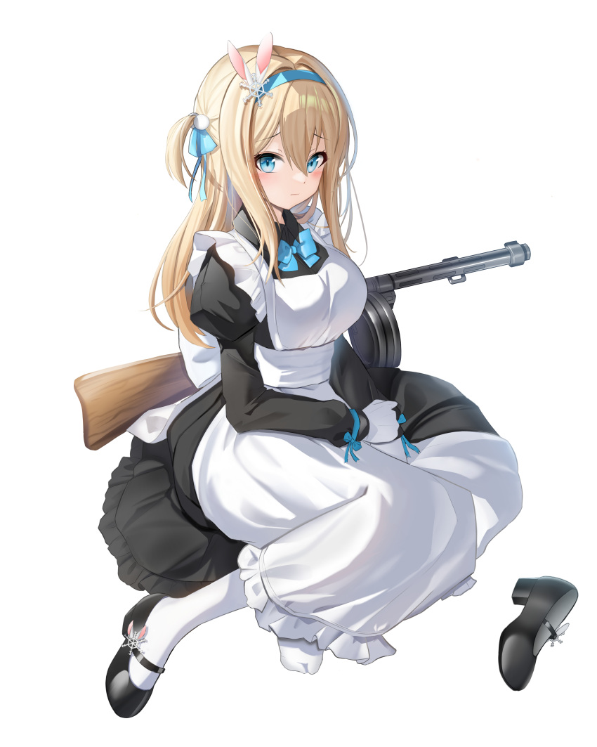 1girl absurdres alternate_costume animal_ears apron b_grade bangs black_footwear blonde_hair blue_bow blue_bowtie blue_eyes blue_hairband blush bow bowtie breasts closed_mouth enmaided frilled_apron frills girls_frontline gloves gun hair_between_eyes hair_bobbles hair_ornament hair_ribbon hairband highres large_breasts light_blue_ribbon long_hair long_sleeves maid maid_apron own_hands_together rabbit_ears ribbon shoes shoes_removed simple_background snowflake_hair_ornament socks solo submachine_gun suomi_(girls'_frontline) suomi_kp/-31 weapon white_apron white_background white_gloves white_socks
