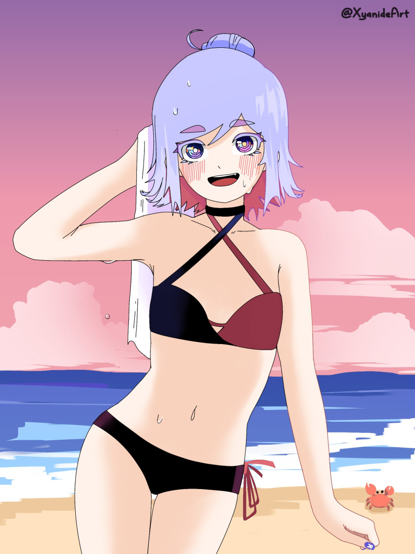 1girl bangs beach blush colored_eyelashes crab hair_bun heterochromia highres light_purple_hair looking_at_viewer multicolored_eyes navel ocean open_mouth original sand smile solo swimsuit xyanide