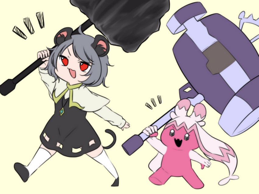 1girl animal_ears bangs black_footwear capelet commentary_request cookie_(touhou) crossover crystal dress flat_chest full_body grey_dress grey_hair hammer highres holding holding_hammer jewelry layered_clothes long_sleeves mouse_ears mouse_girl mouse_tail mumei_no_toukousha nazrin nyon_(cookie) open_mouth pendant pokemon pokemon_(creature) red_eyes shirt shoes short_hair simple_background smile socks tail tinkaton touhou white_capelet white_shirt white_socks yellow_background