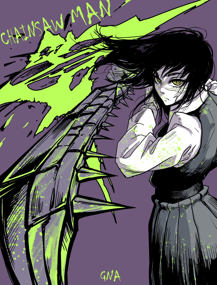 1girl absurdres bangs black_dress black_hair blood blood_on_clothes chainsaw_man collared_shirt dress floating_hair gna_(mtac8272) green_theme grey_background highres holding holding_weapon limited_palette long_hair pinafore_dress pink_background ringed_eyes shirt simple_background solo spine stylized_blood weapon yellow_eyes yoru_(chainsaw_man)