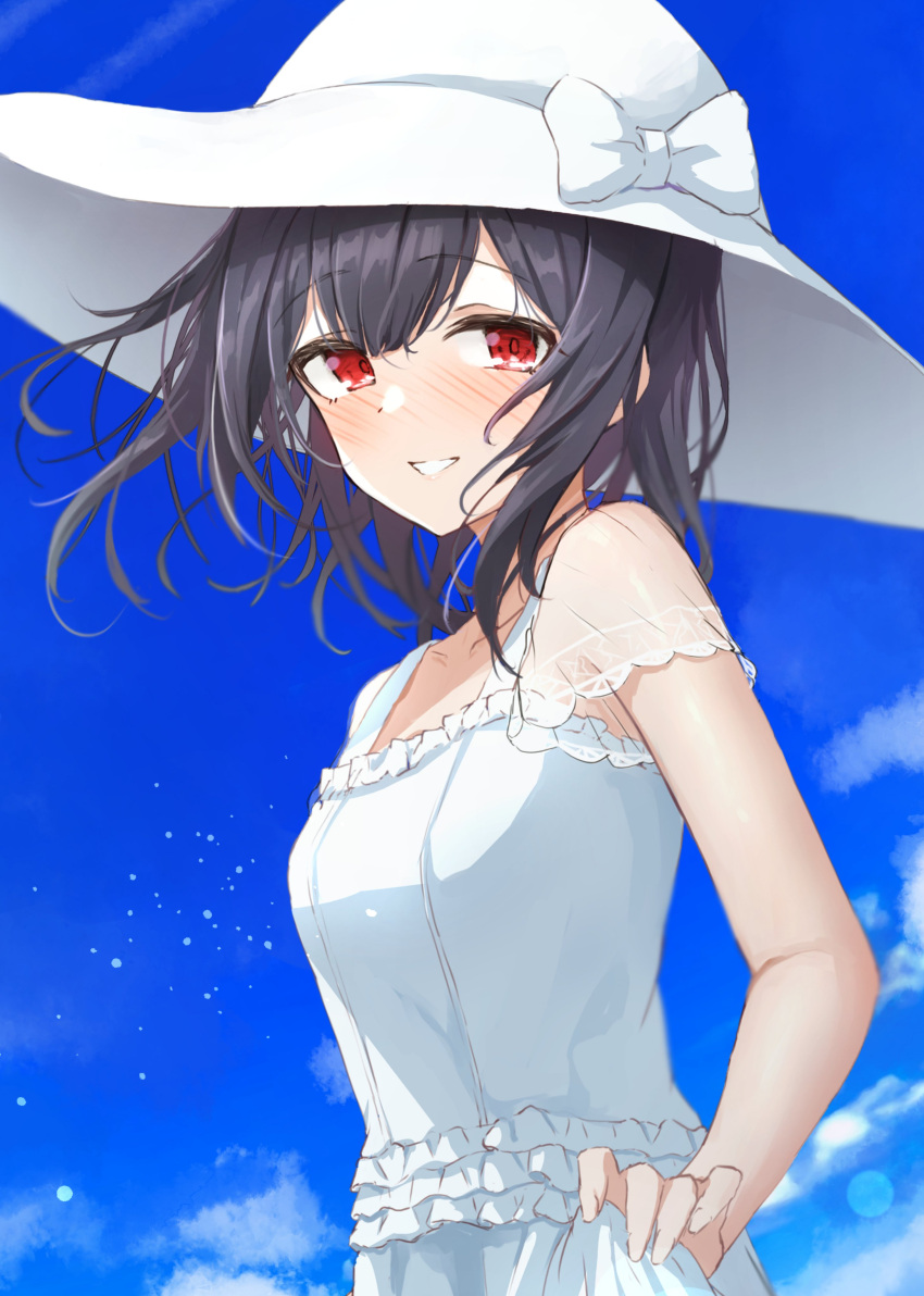 1girl absurdres black_hair blue_sky blush bow commentary_request day dress frilled_dress frills hat hat_bow highres idolmaster idolmaster_shiny_colors long_hair looking_at_viewer morino_rinze outdoors red_eyes see-through see-through_sleeves short_sleeves sky solo sun_hat sundress tonguewasabi upper_body white_dress