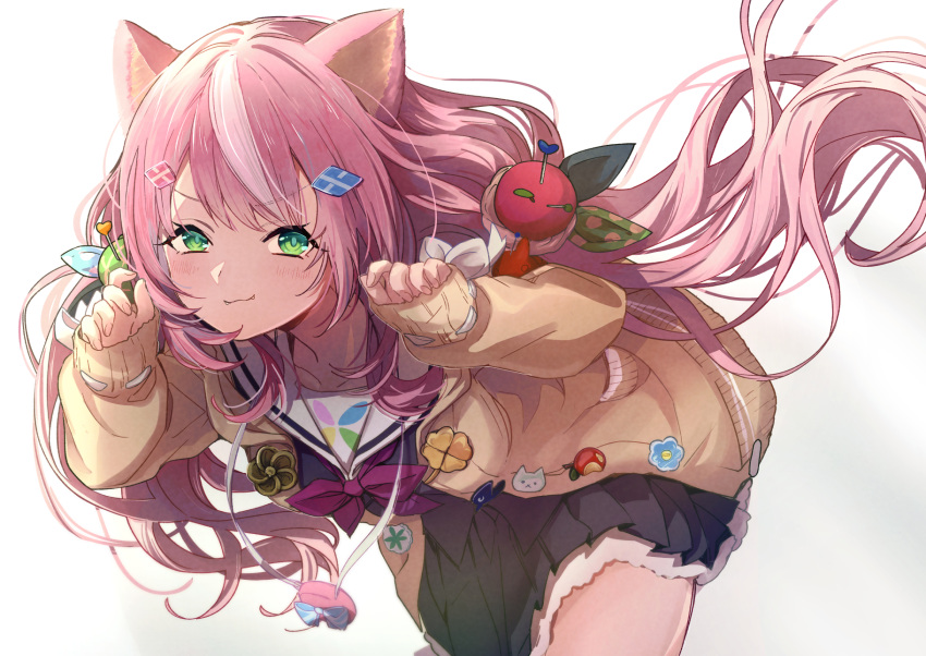 1girl animal_ears bangs black_skirt blush breasts cardigan cat_ears fangs green_eyes hair_ornament highres long_hair long_sleeves looking_at_viewer low_twintails medium_breasts mu_(mumemo_o2) nijisanji nijisanji_kr paw_pose pink_hair sailor_collar school_uniform simple_background skirt smile solo twintails very_long_hair virtual_youtuber white_background white_sailor_collar yang_nari yellow_cardigan