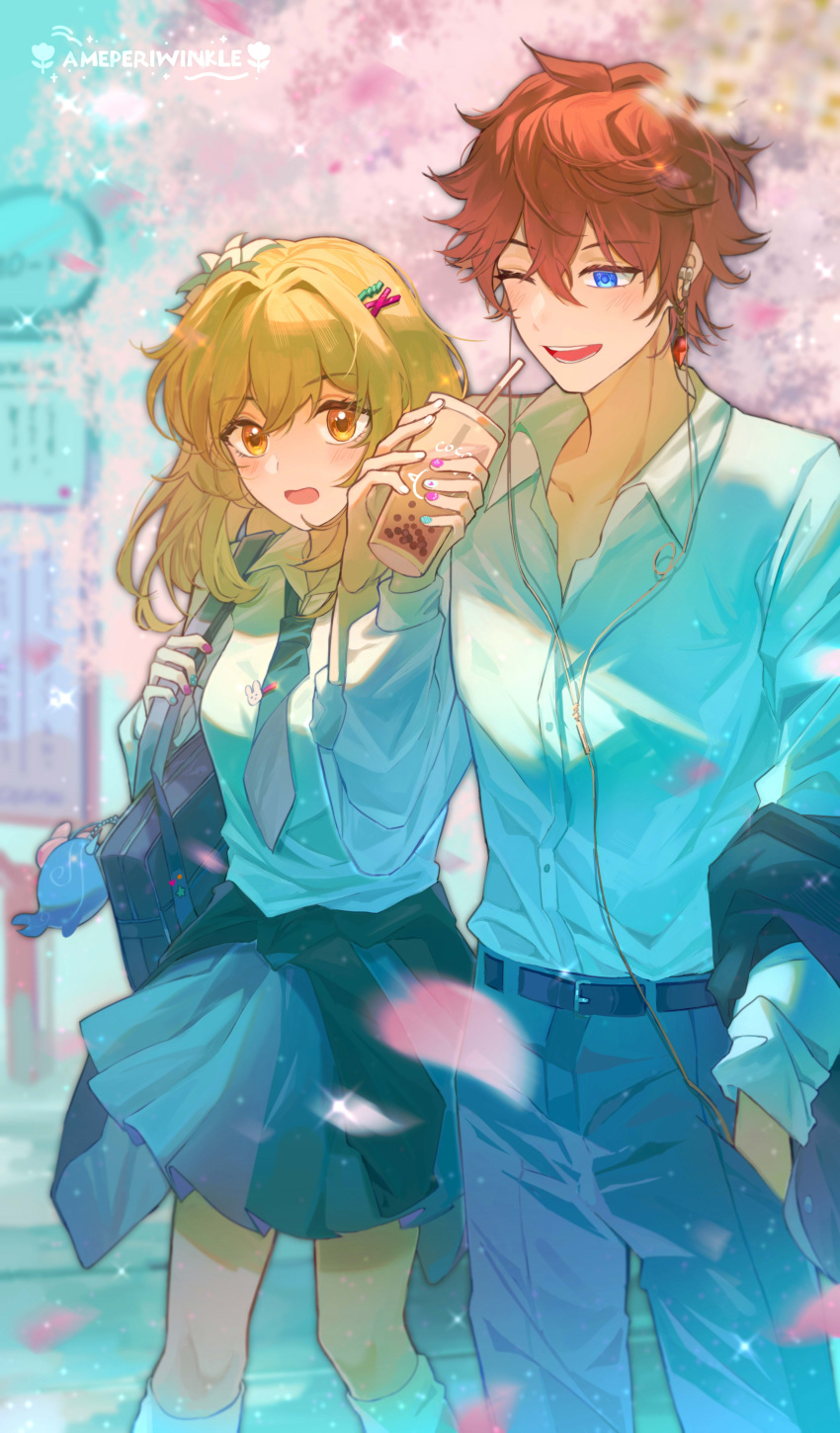 1boy 1girl absurdres bag bangs belt blonde_hair blue_eyes breasts bubble_tea clothes_around_waist earrings flower genshin_impact hair_between_eyes hair_flower hair_ornament hairclip headphones highres jewelry lumine_(genshin_impact) necktie one_eye_closed open_mouth redhead school_uniform shirt shirt_around_waist single_earring skirt suzushi tartaglia_(genshin_impact) uniform white_shirt x_hair_ornament yellow_eyes