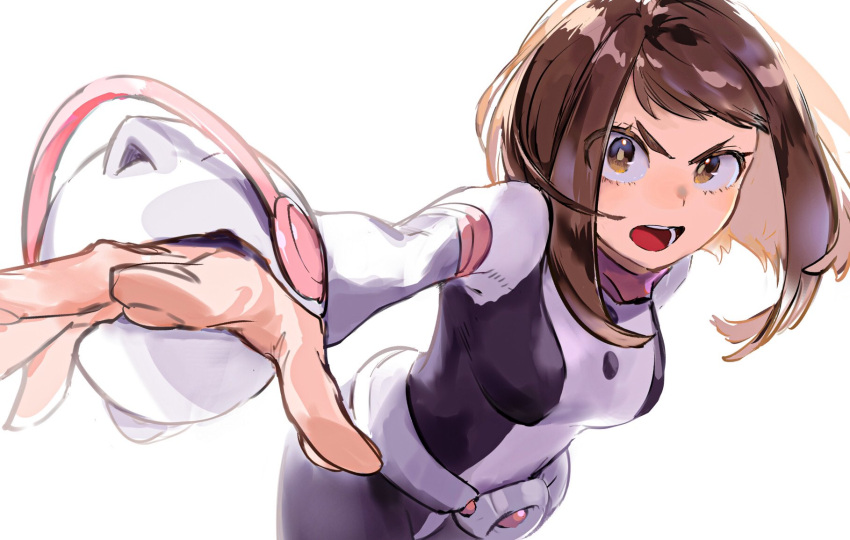 1girl :o akiyama_youkou bangs belt black_bodysuit bodysuit boku_no_hero_academia breasts brown_eyes brown_hair commentary cowboy_shot grey_background grey_bodysuit highres large_breasts leaning_forward looking_at_viewer medium_hair open_mouth outstretched_arm shiny shiny_hair short_hair simple_background solo teeth tongue uraraka_ochako