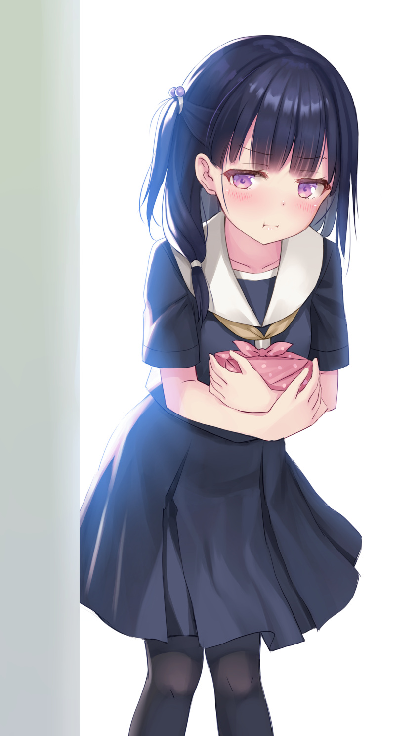 1girl around_corner bangs black_hair black_pantyhose black_serafuku black_skirt blush closed_mouth collarbone commentary_request feet_out_of_frame highres holding long_hair looking_at_viewer low_ponytail lunchbox na-ga one_side_up original pantyhose pout sailor_collar school_uniform serafuku short_sleeves side_ponytail skirt solo standing violet_eyes wall white_background white_sailor_collar