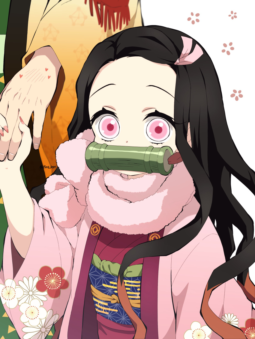 1boy 1girl absurdres agatsuma_zenitsu alternate_costume bamboo black_hair forehead hair_ribbon highres japanese_clothes kamado_nezuko kimetsu_no_yaiba kimono long_hair long_sleeves multicolored_hair pink_eyes pink_ribbon pink_scarf pori_(kmt_pori) ribbon scarf yukata