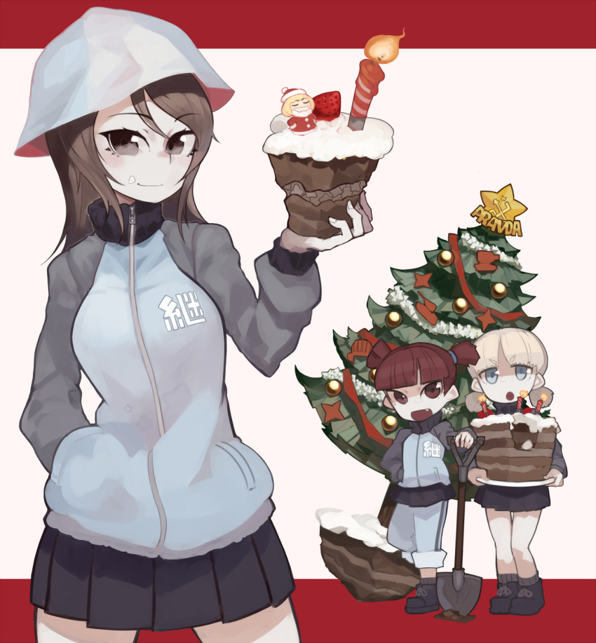 3girls :o aki_(girls_und_panzer) ankle_boots bangs blue_eyes blue_footwear blue_headwear blue_jacket blue_pants blue_skirt blunt_bangs boots brown_eyes brown_hair cake candle character_doll chocolate_cake christmas christmas_ornaments christmas_tree closed_mouth commentary emblem fang food food_on_face fruit garland_(decoration) girls_und_panzer hair_tie hand_in_pocket hat helmet highres holding holding_cake holding_food holding_shovel jacket katyusha_(girls_und_panzer) keizoku_military_uniform letterboxed light_brown_hair long_hair long_sleeves looking_at_viewer low_twintails mika_(girls_und_panzer) mikko_(girls_und_panzer) military military_uniform miniskirt morosuke multiple_girls open_mouth pants pants_rolled_up pleated_skirt pravda_(emblem) raglan_sleeves red_eyes red_ribbon redhead ribbon short_hair short_twintails shovel skirt smile socks standing star_ornament strawberry track_jacket track_pants tulip_hat twintails uniform zipper