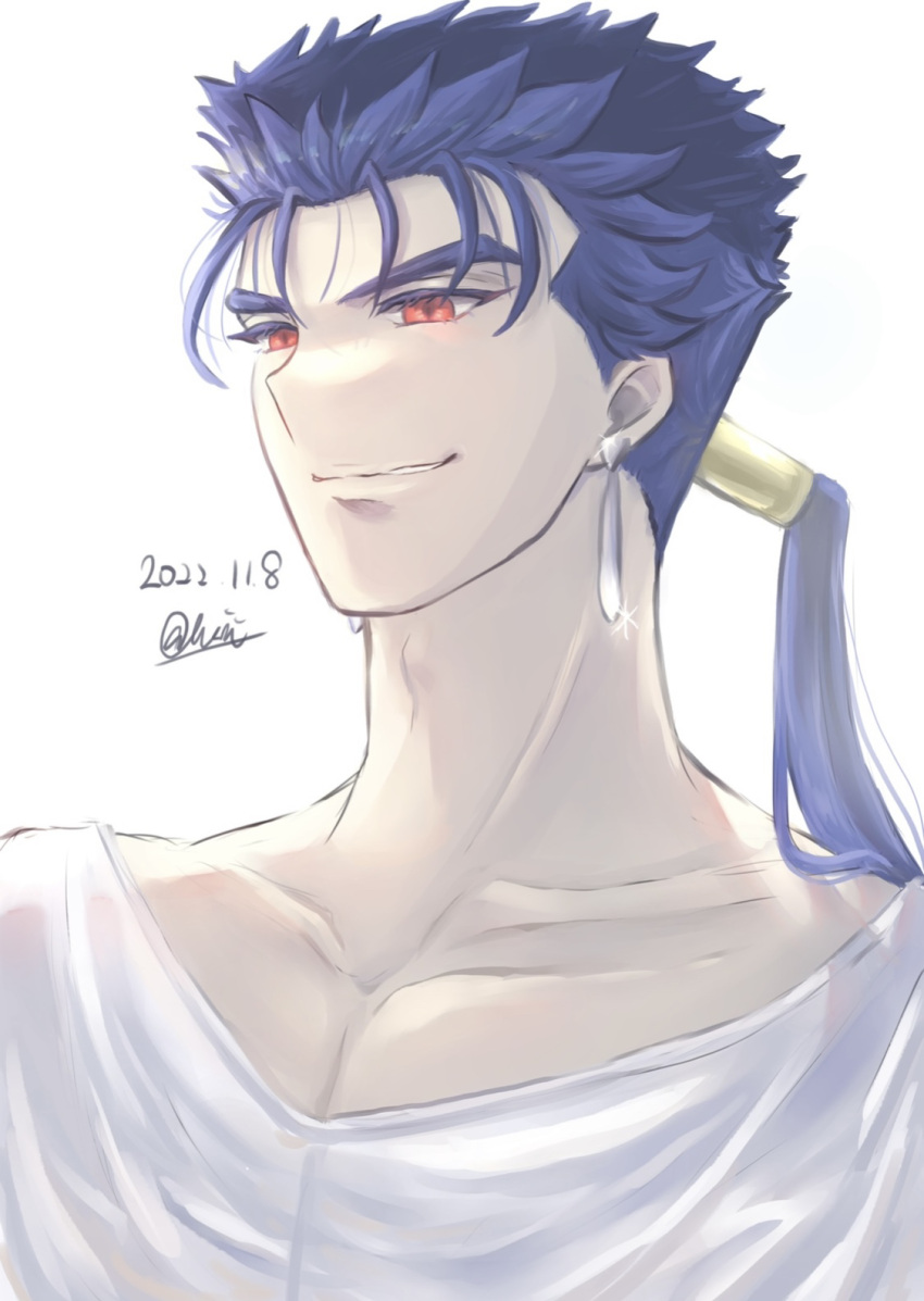 1boy adam's_apple blue_hair collarbone cu_chulainn_(fate) cu_chulainn_(fate/stay_night) dated earrings fate/stay_night fate_(series) grin hair_strand highres jewelry long_hair looking_away male_focus ponytail princess666 red_eyes shirt signature simple_background smile thick_eyebrows upper_body white_background white_shirt