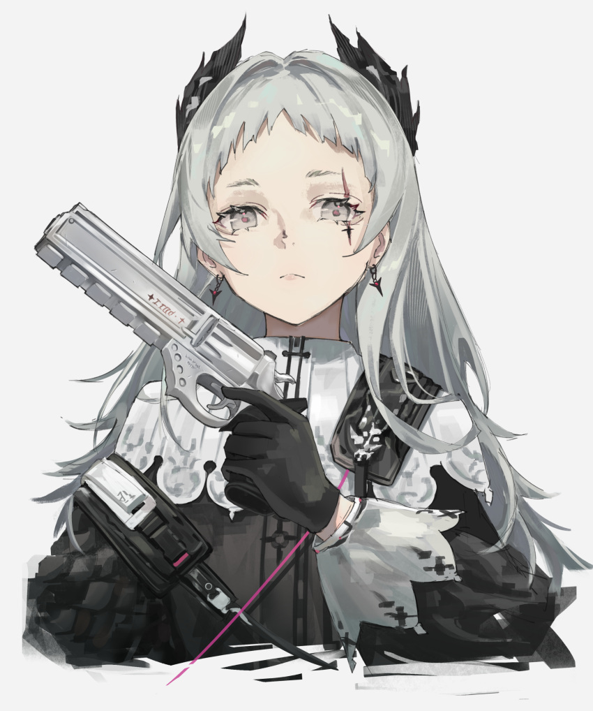 1girl arknights black_gloves black_shirt capelet earrings gloves grey_eyes grey_hair gun handgun head_wings highres holding holding_gun holding_weapon irene_(arknights) jewelry long_sleeves looking_at_viewer nihnfinite8 puffy_long_sleeves puffy_sleeves revolver scar scar_across_eye shirt short_bangs simple_background solo upper_body weapon white_background white_capelet