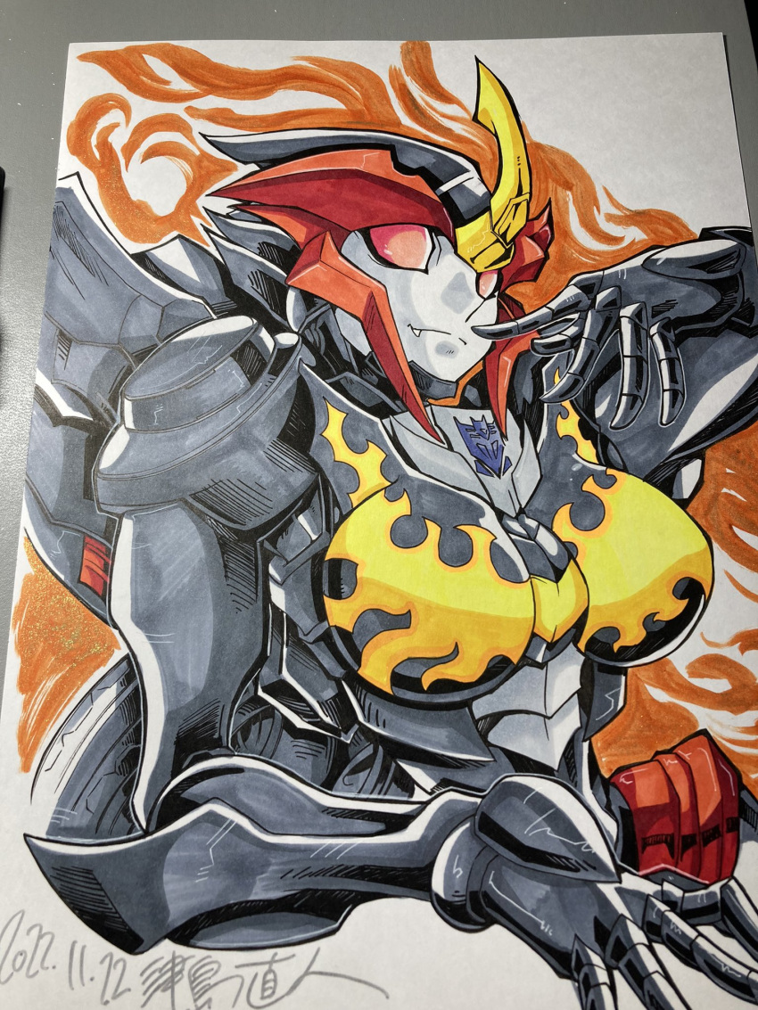 1girl alien artist_request breasts colored_skin fire flame flamewar grey_skin helmet highres humanoid_robot large_breasts red_eyes robot shiny shiny_skin solo transformers transformers_prime