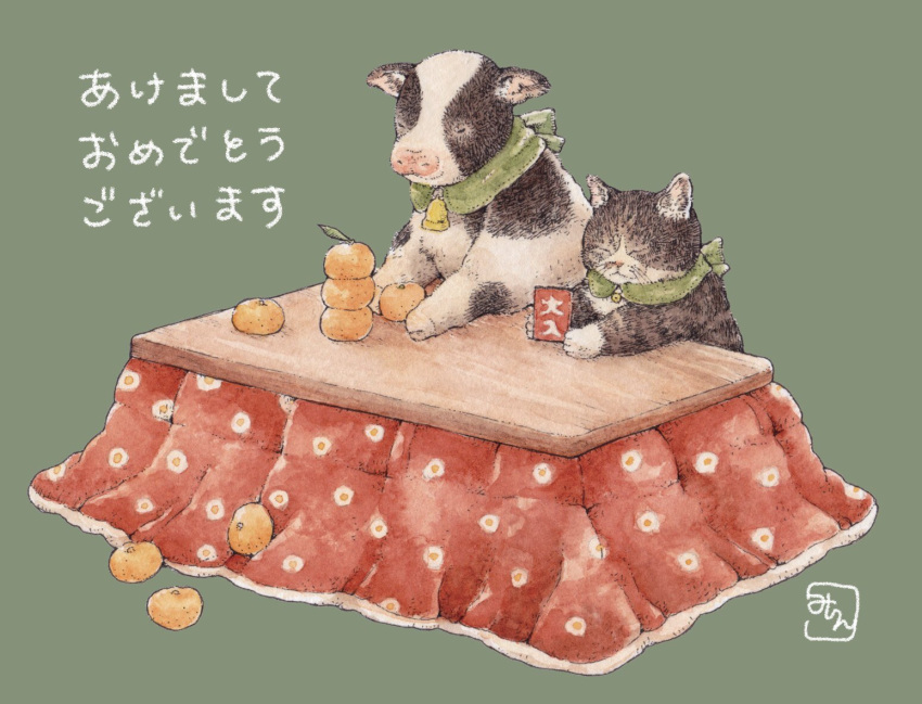 animal_focus bell cat cow cowbell food fruit kotatsu mandarin_orange mirin_(mirin_4) no_humans orange_(fruit) original scarf sitting table translation_request