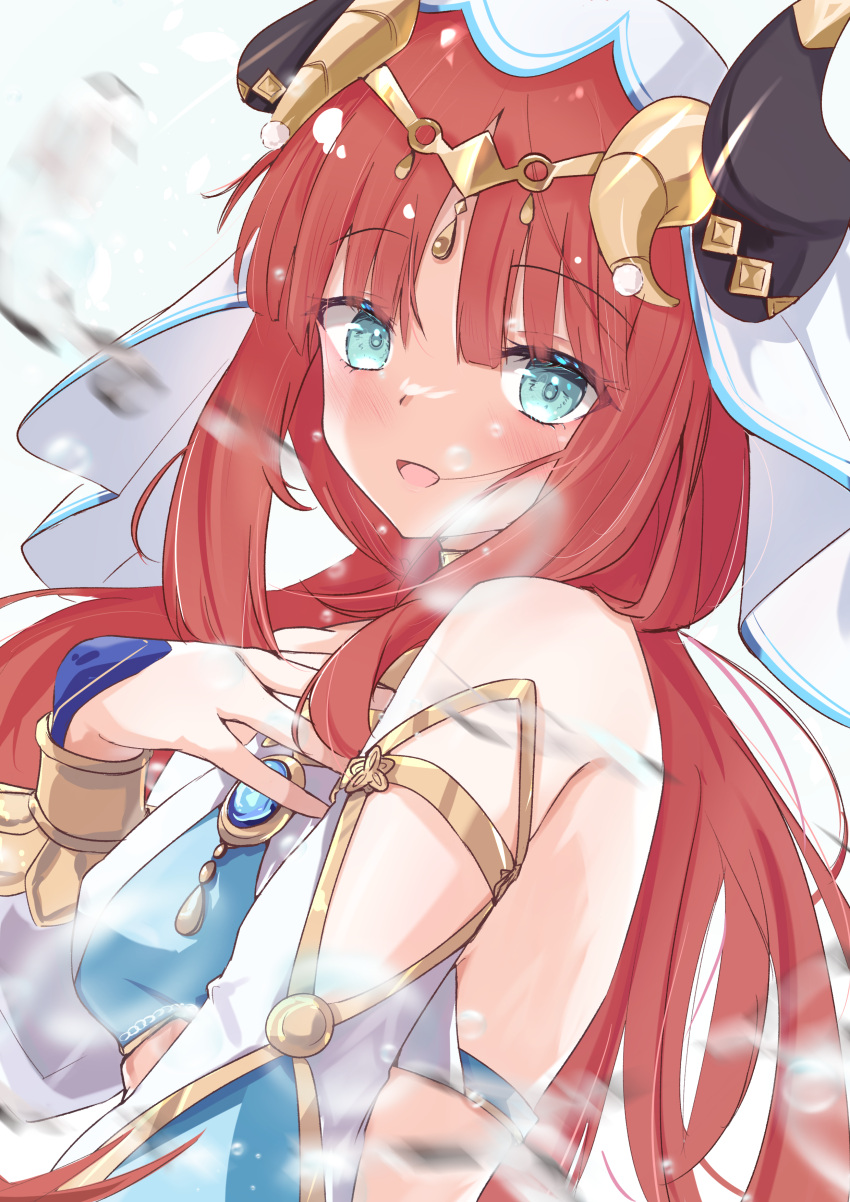 1girl :d absurdres bangs bare_shoulders blush bracer breasts brooch circlet commentary_request crop_top detached_sleeves fake_horns genshin_impact hand_up highres horns jewelry long_hair low_twintails medium_breasts neck_ring nilou_(genshin_impact) open_mouth parted_bangs redhead sidelocks simple_background smile solo tabitsuki twintails upper_body veil water white_background white_headwear white_sleeves