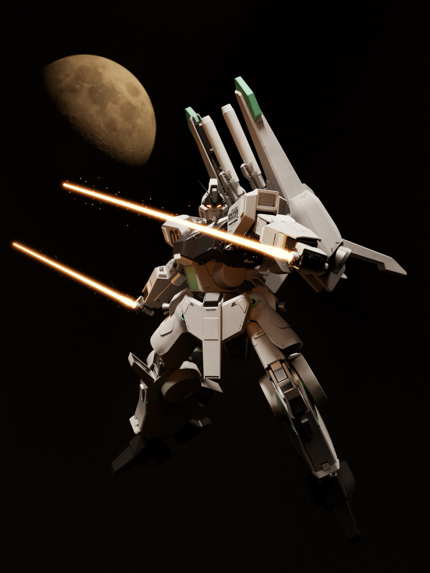 3d absurdres beam_saber blender_(medium) dual_wielding english_commentary glowing glowing_eyes gundam gundam_sentinel highres holding machinery mecha mjeff mobile_suit moon no_humans realistic robot science_fiction silver_bullet_(mobile_suit) space yellow_eyes zero_gravity