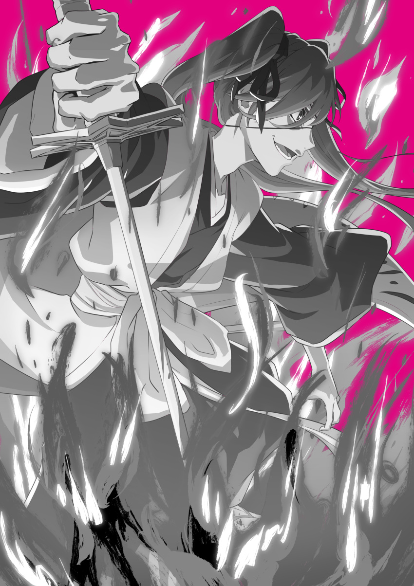 1girl absurdres bangs black_ribbon bleach bleach:_the_thousand-year_blood_war eyepatch fighting_stance fire greyscale hair_between_eyes haori highres holding holding_sword holding_weapon japanese_clothes katana long_hair long_sleeves looking_to_the_side lower_teeth monochrome obi oinari_(koheihei1109) open_mouth pink_background ribbon saitou_furoufushi sash shinigami smile solo sword teeth twintails weapon wide-eyed