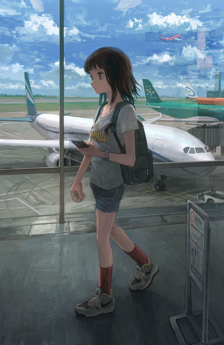 1girl aircraft airplane airport backpack bag black_hair cellphone day highres jewelry medium_hair necklace original phone red_socks runway shirt shoes short_shorts shorts sky smartphone sneakers socks solo t-shirt tokunaga_akimasa walking watch watch window